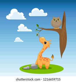 Owl on a tree and giraffe on green glade.