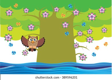 Owl on tree - green tree in water - spring vector illustration tree with cute owl and butterflies. Flowering tree, spring flooding on the river. Joyful spring,  green planet, childish fairy tale art.