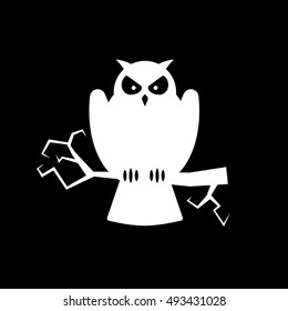 Owl On Tree Halloween Concept Flat Icon On Black Background