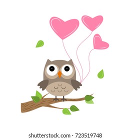 Owl on the tree with heart balloons and leaves in bright colours, character 