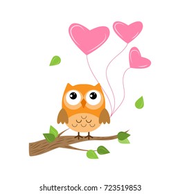 Owl on the tree with heart balloons and leaves in bright colours, character 