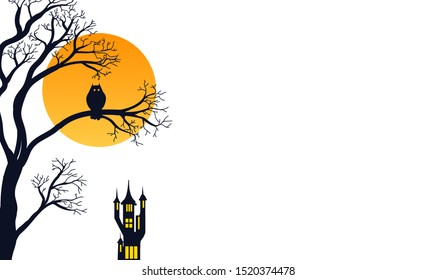 Owl on tree with moon on white background