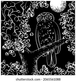 An owl on a tree at night. Vector illustration