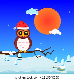 Owl on the tree with red hat ,Christmas concept.
