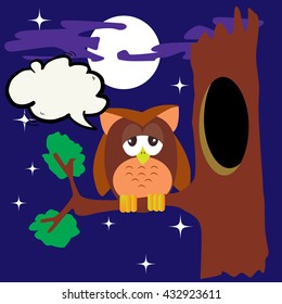 owl on a tree with speech bubble cartoon