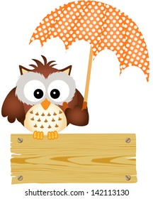 Owl on wooden sign with umbrella