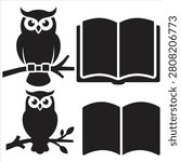 Owl and Open Book Black Glyph Vector Icons Bundle