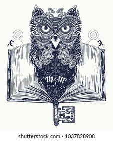 Owl and open book tattoo and t-shirt design. Symbol of education, literature, poetry, wisdom, reading 