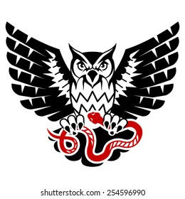 Owl with open wings attacking snake. Tattoo of black eagle owl and red serpent. Qualitative vector illustration for hunting, sports mascot, zoo, wildlife, nature, etc. It has only solid color