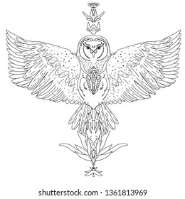 An owl with open wings. A black and white vector illustration. Illustration for posters and cards, coloring pages for adults and children.