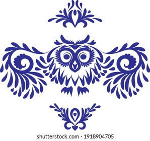 Owl with open wings. Black and white tattoo of eagle owl, front view. Vector illustration. Ornamental style for mascot or another design.