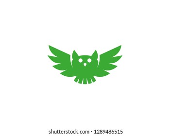 Owl open wings and fly, green logo