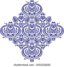 Owl with open wings. Vector pattern with eagle owl, front view. Vector illustration. Damask style
