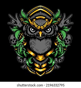Owl with ornament and skull artwork vector illustration