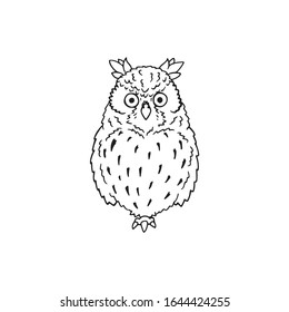 Owl outline drawing illustration. Simple hand drawn flying night hunter decoration. Cute single feather animal standing and watching on one foot sketch. Nocturnal bird with big eyes silhouette design.