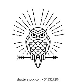 Owl outline emblem in geometric hipster style with arrow and beams. Vector line icon.