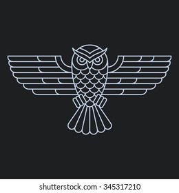 Owl outline emblem in geometric hipster style. Vector line icon.