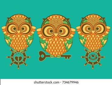 Owl outline emblem in geometric hipster style. Ethnic patterned illustration for antistress coloring book, tattoo, poster, print, t-shirt.