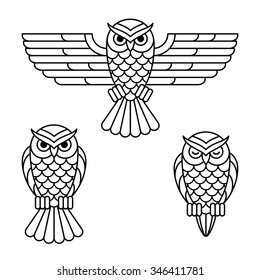 Owl outline emblem set in geometric hipster style. 3 variants: flying, sitting and sleeping. Isolated vector line icon.