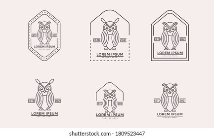 Owl outline icons collection. Set of outline owls and emblems design elements, signs. Unique illustration for logo design.Set of owl line logos and labels. Vector illustration, Vintage logo design