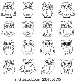 Owl outline icons collection. Set of outline owls and emblems design elements for schools, educational signs.