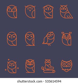 Owl outline icons collection. Set of outline owls and emblems design elements for schools, educational signs. Unique illustration for design.