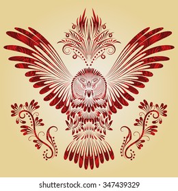 Owl with outstretched wings. Patterned owl in tribal totem tattoo style. Decorative silhouette of owl with elements of ethnic ornaments.