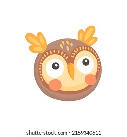 Owl or owlet face cartoon cute bird of prey with colorful feathers and funny big eyes. Vector happy barn, eagle or long eared owl, children comic emoji, emoticon or avatar design, kids toy face mask