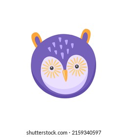 Owl or owlet face children comic emoji isolated purple head flat cartoon icon. Vector emoticon or avatar design, kids toy face mask. Cute bird of prey with funny big eyes. Barn, eagle long eared owl