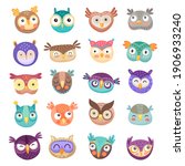 Owl and owlet faces cartoon vector of cute birds of prey with colorful feathers and funny big eyes. Happy barn, eagle and long eared owls for children comic emoji, emoticon or avatar design
