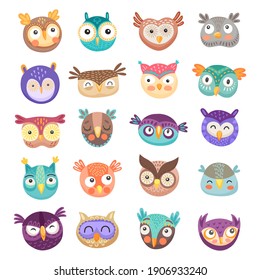 Owl And Owlet Faces Cartoon Vector Of Cute Birds Of Prey With Colorful Feathers And Funny Big Eyes. Happy Barn, Eagle And Long Eared Owls For Children Comic Emoji, Emoticon Or Avatar Design