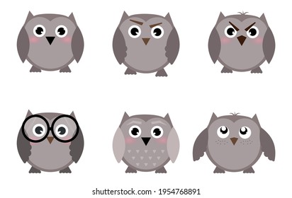 Owl. Owls. Six painted owls with different emotions, the same size, different colors. Vector illustrator