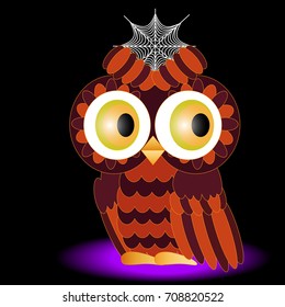 an owl painted in colors of a halloween, with a cobweb between brows on a black background