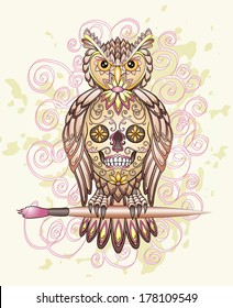 Owl with painted Mexican skull