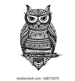 Owl painted in Zentangle style. Sketch freehand drawing. Doodle. Vector graphics