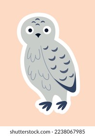 Lechuza en papel. Pájaro gris parado. Juguete y mascota para niños, materiales educativos. Afiche o cartel para el sitio web. Elemento gráfico para imprimir en tela. Dibujo vectorial plano de dibujos animados
