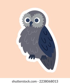 Owl in paper style. Gray bird with blue wings. Biology and zoology, educational materials for children. Learning and traininig. Poster or banner for website. Cartoon flat vector illustration