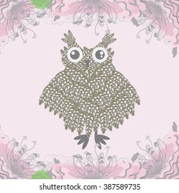 Owl in pastel colors in the frame of delicate pink flowers.