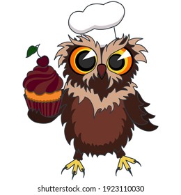 Owl pastry chef with a cake. Vector graphics.