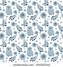 owl pattern with blue leaves and flowers folk art