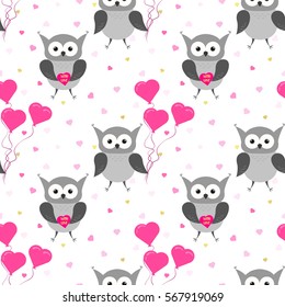 Owl pattern. Cartoon funny bird with heart. Valentines Day seamless pattern. Vector illustration