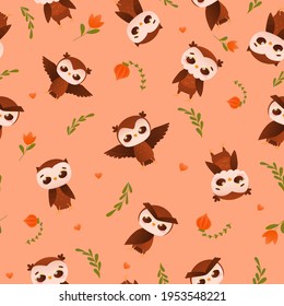 Owl pattern in childish cartoon style on pink background with floral elements, ornate for bedding, textile or print