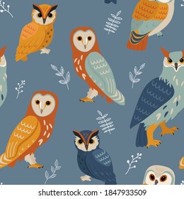 Owl pattern. Contemporary abstract seamless texture. Vector colored design.