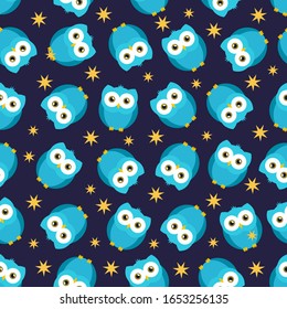 Owl pattern design with stars. Owl background. Seamless childish pattern with cute owls