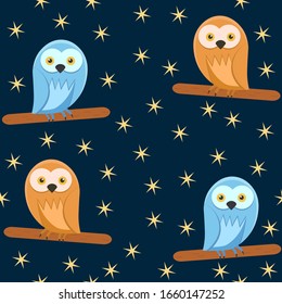 Owl pattern design with stars. Owl background. Childish owl background