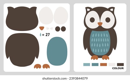 Patrón de búho para manualidades infantiles o artesanías de papel. Ilustración vectorial del rompecabezas de aves. patrones de corte y pegamento para la artesanía infantil.