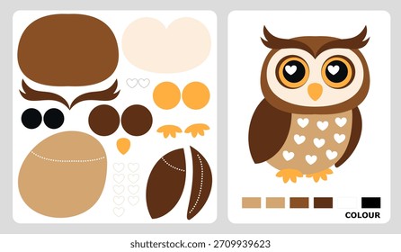 Patrón de búho para manualidades de niños o manualidades de papel. Ilustración vectorial de rompecabezas de pájaros. patrones de corte y pegamento para manualidades infantiles.