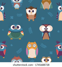 Owl pattern. Kids seamless wallpaper wild night colored birds with feather wings. Vector wallpaper