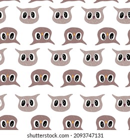 Owl pattern seamless in freehand style. Head animals on colorful background. Vector illustration for textile prints, fabric, banners, backdrops and wallpapers.