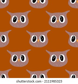 Owl pattern seamless in freehand style. Head animals on colorful background. Vector illustration for textile prints, fabric, banners, backdrops and wallpapers.